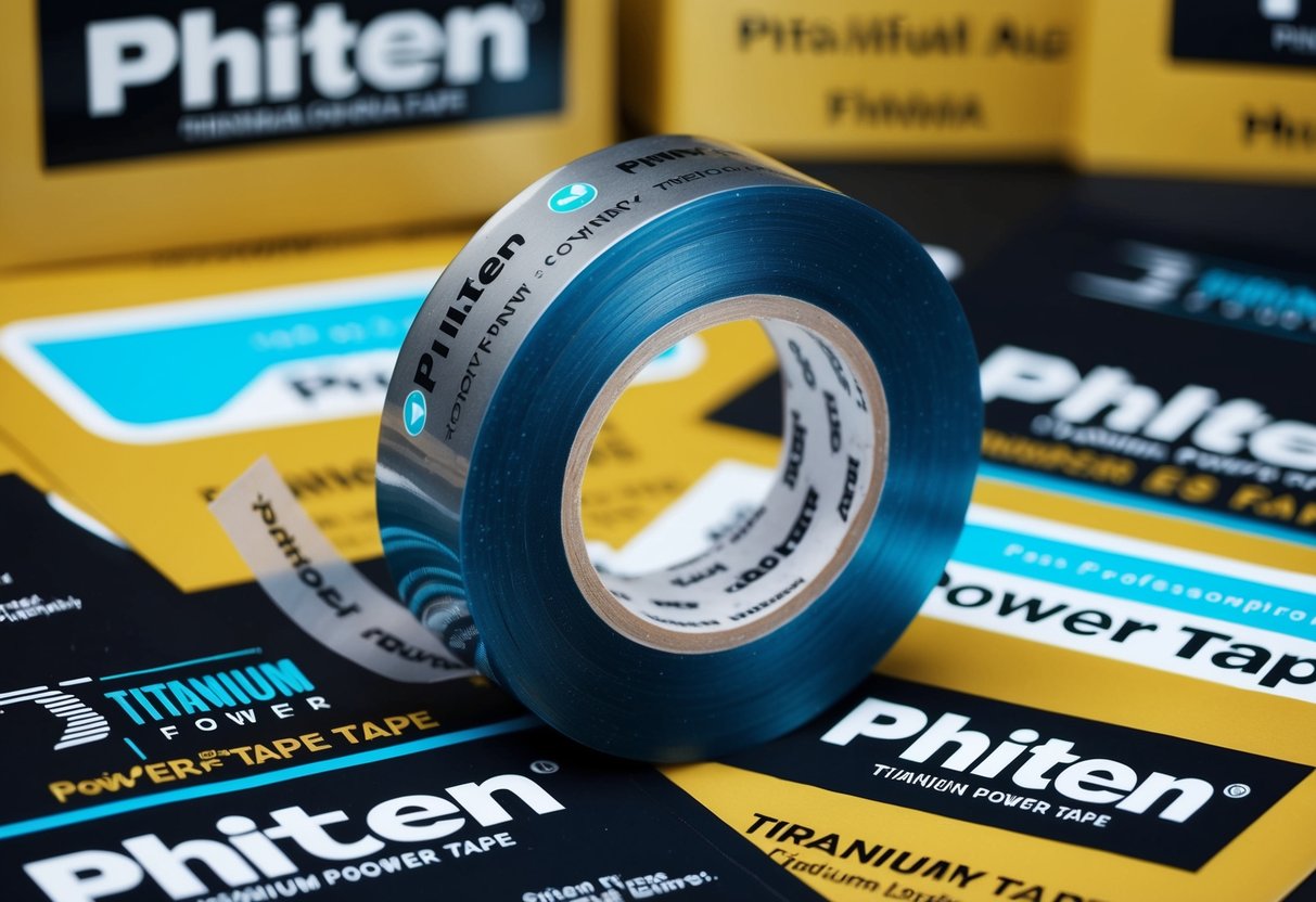 A roll of Phiten Titanium Power Tape surrounded by promotional materials and logos