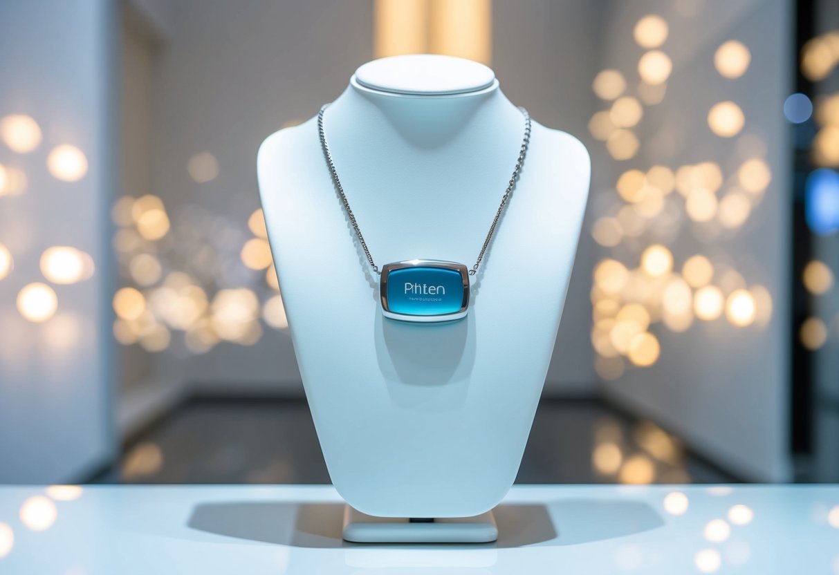 A Phiten X30 Aqua-Titanium Necklace displayed on a sleek, modern promotional stand with a clean, minimalist background