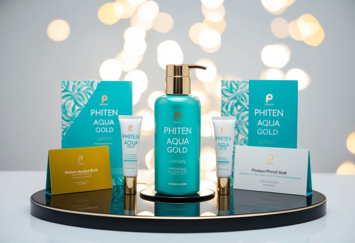 A bottle of Phiten Aqua Gold Lotion surrounded by promotional materials on a sleek, minimalist display