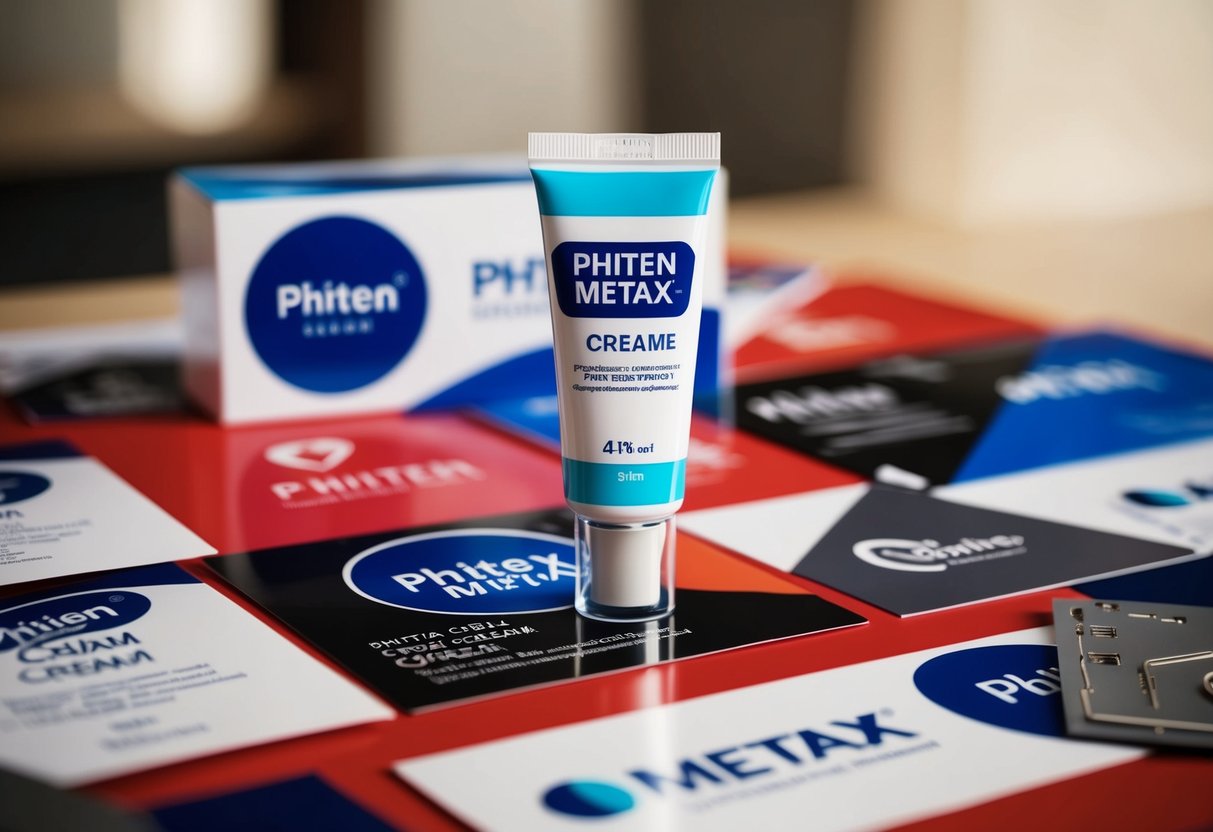 A tube of Phiten Metax Cream surrounded by promotional materials and logos