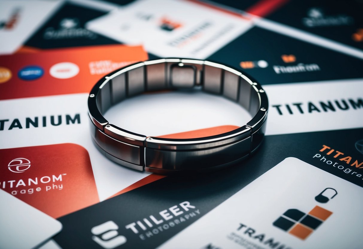 A sleek titanium bracelet surrounded by promotional materials and logos