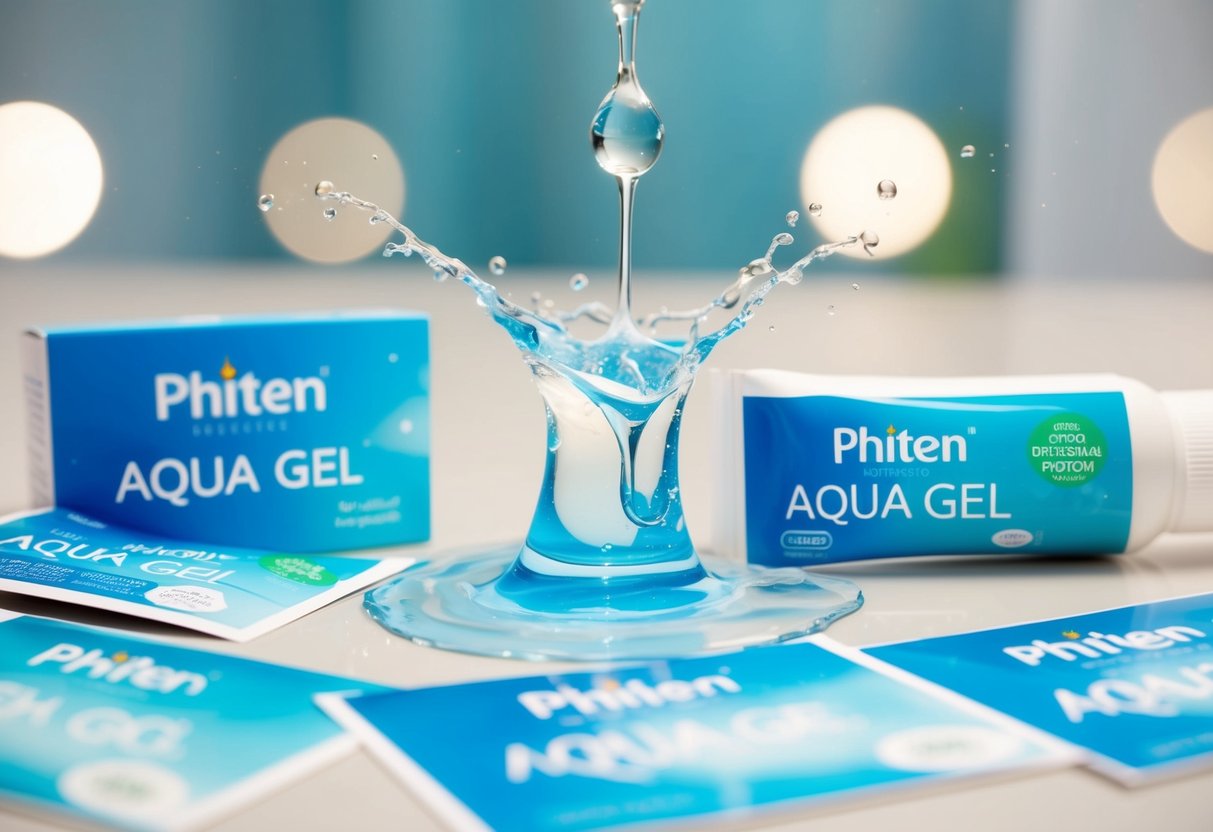A clear, refreshing water droplet splashes onto a Phiten Aqua Gel product, surrounded by promotional materials