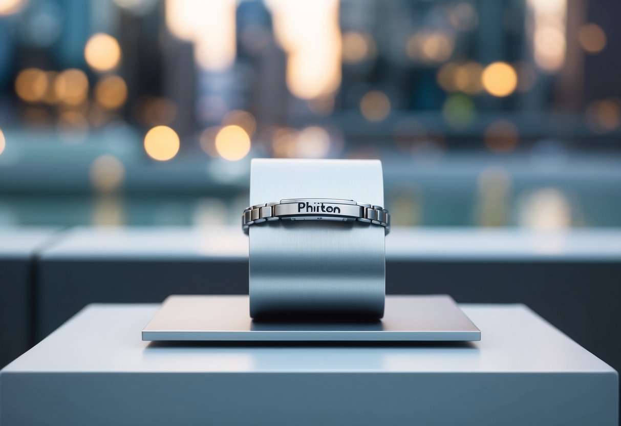 A sleek Phiten X50 Hybrid Titanium Anklet displayed on a modern, minimalist platform