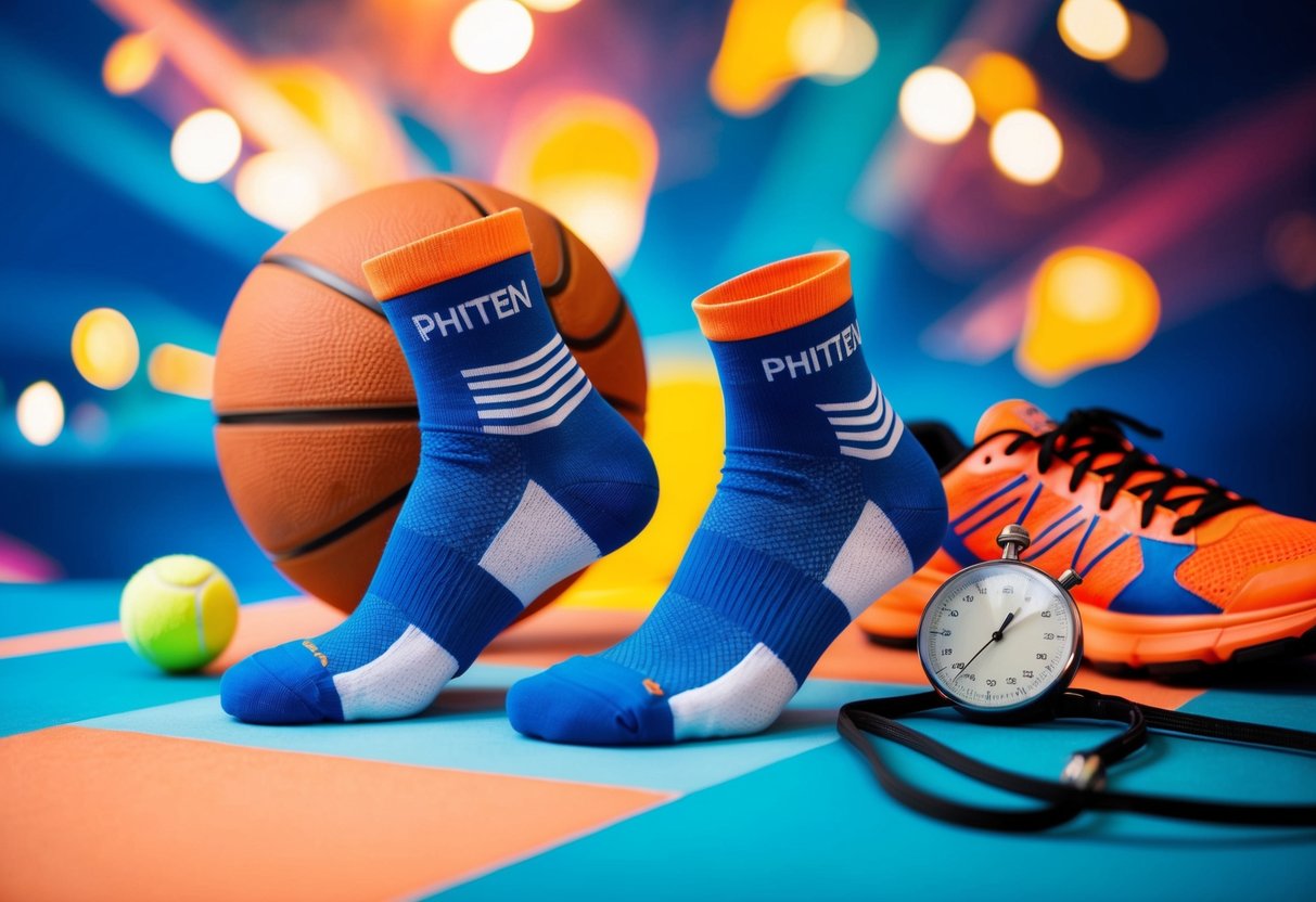 A pair of Phiten Sport Socks displayed on a vibrant, dynamic background with sporty elements such as a basketball, running shoes, and a stopwatch