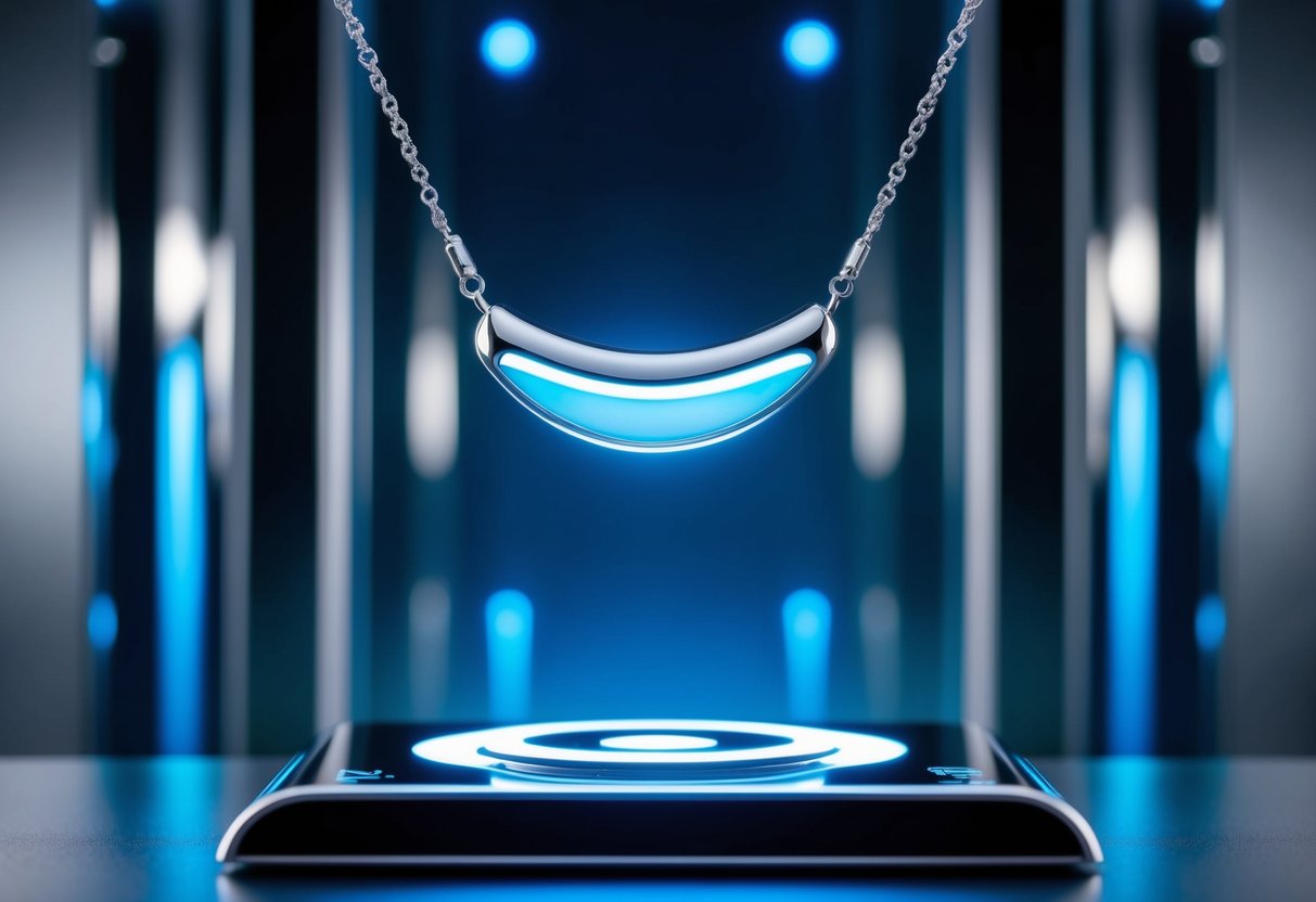 A glowing Phiten necklace hovers above a sleek, modern product display. Blue and silver accents highlight the futuristic technology