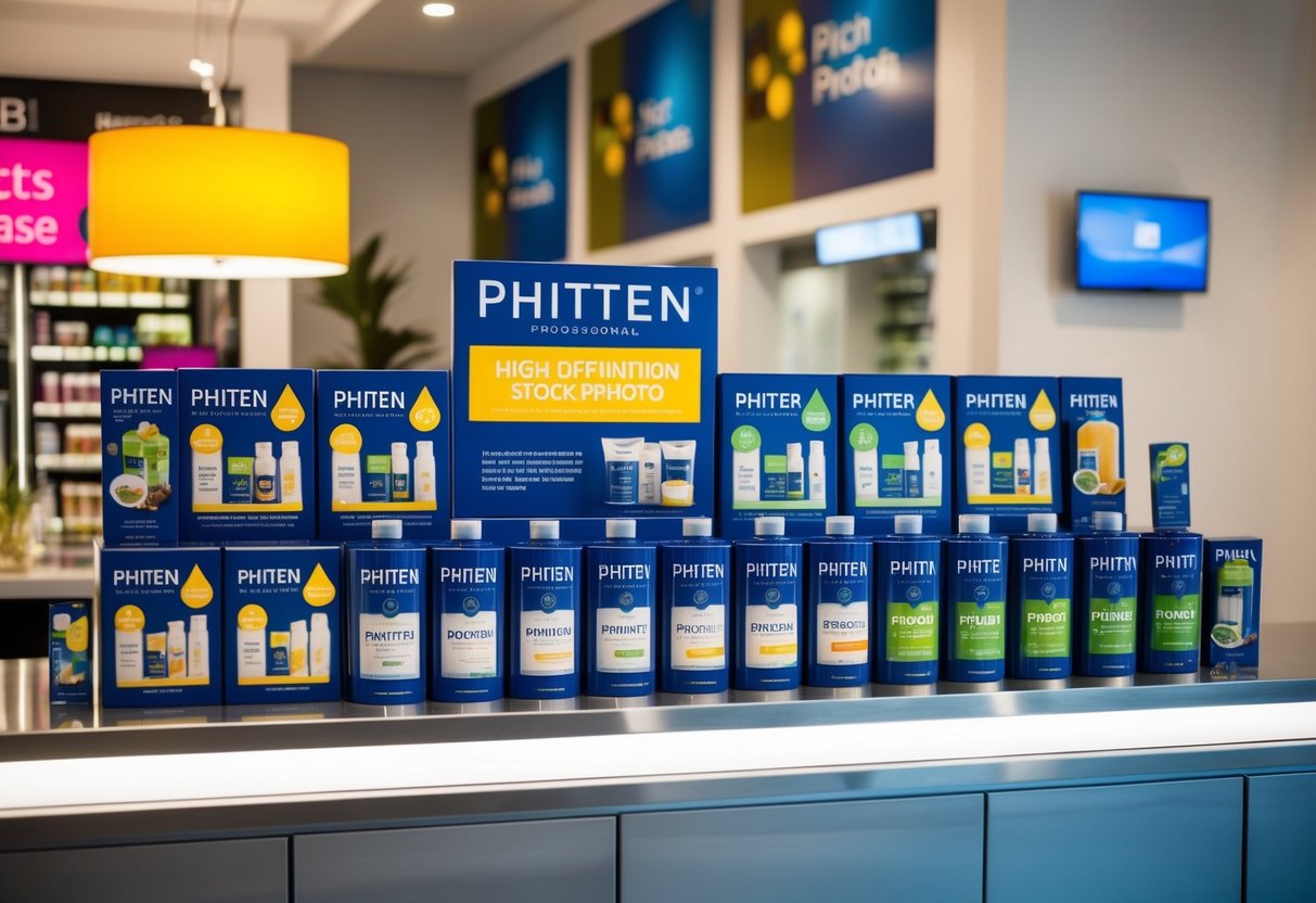 A display of Phiten products arranged on a sleek, modern counter with vibrant promotional signage and branding