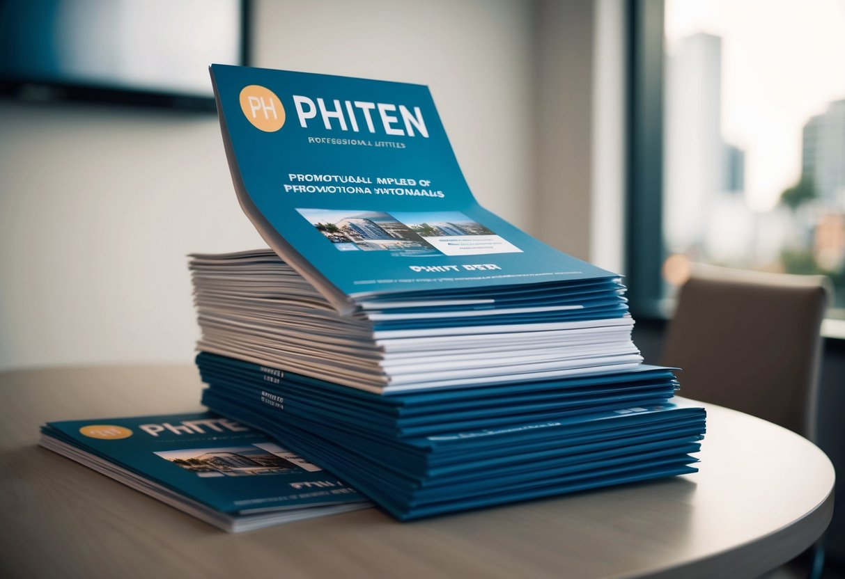 A stack of promotional materials for Phiten, including brochures and flyers, arranged neatly on a table