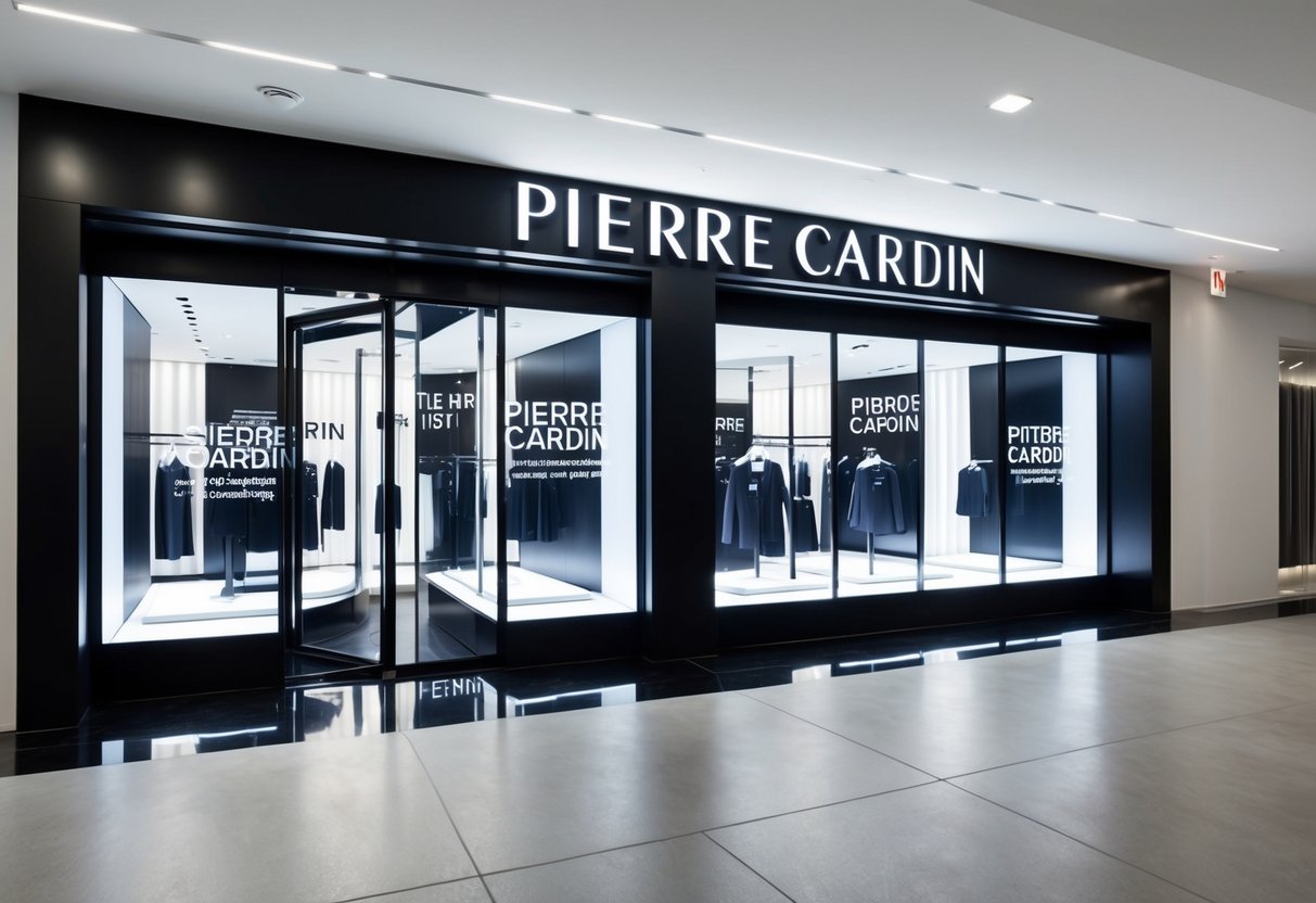 A sleek, modern storefront with bold Pierre Cardin branding. Bright, eye-catching displays showcase the latest promotions