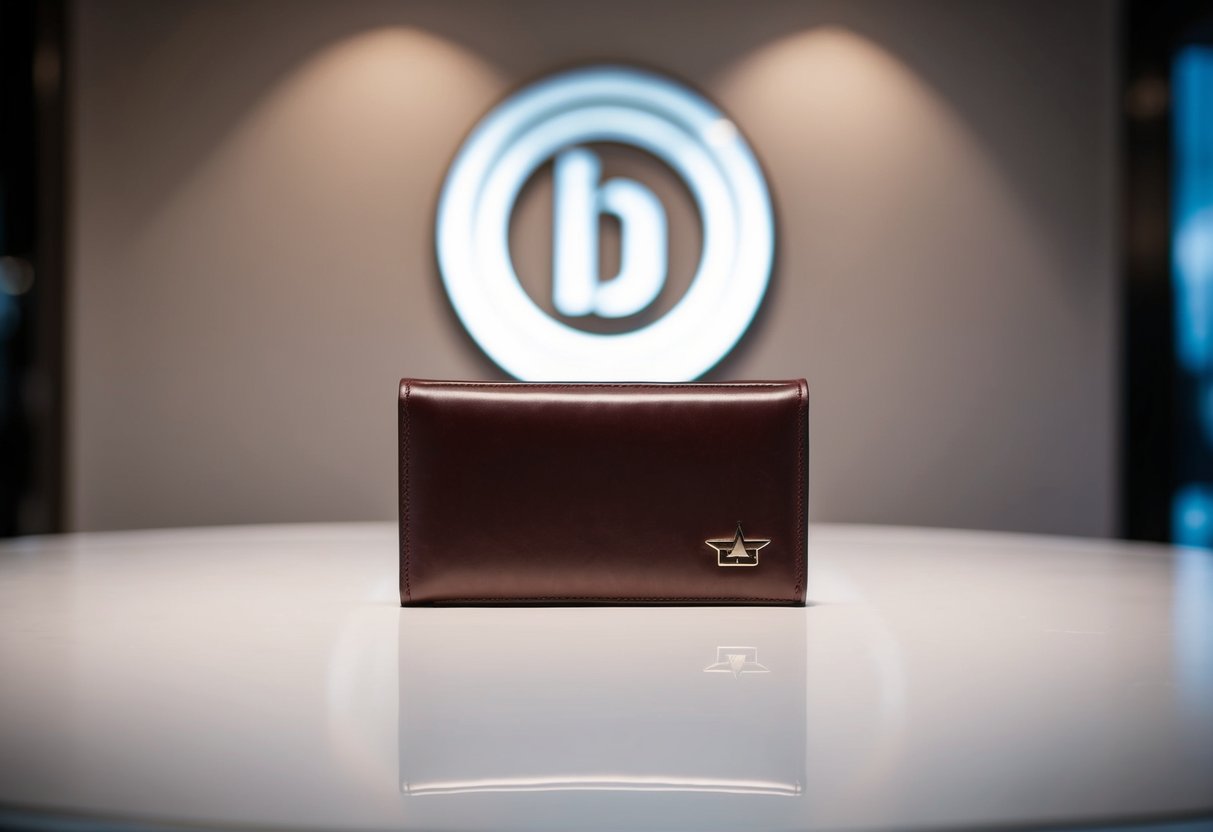 A sleek leather wallet displayed on a polished surface with a subtle logo in the background