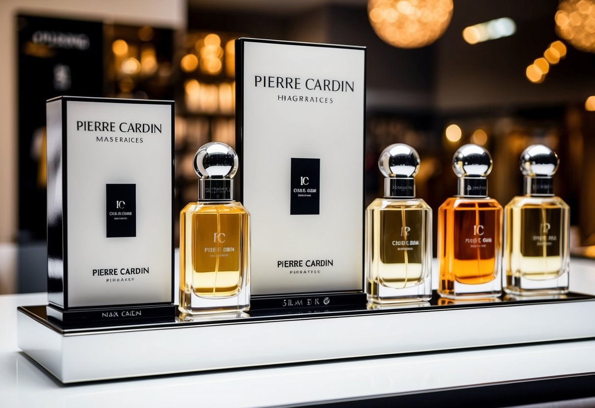 A sleek display of Pierre Cardin fragrances with promotional signage
