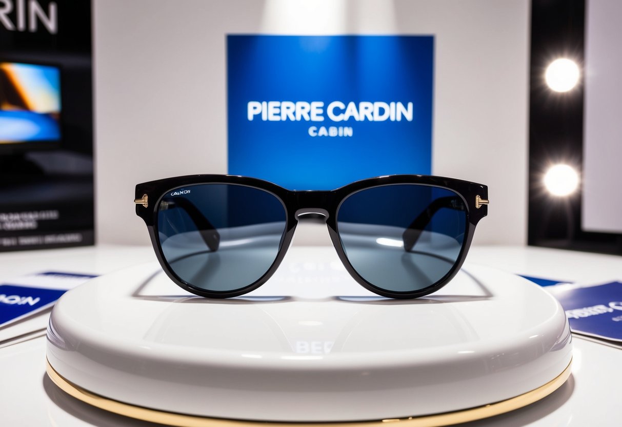 A sleek pair of Pierre Cardin sunglasses displayed on a glossy white surface, surrounded by promotional materials and bright lighting