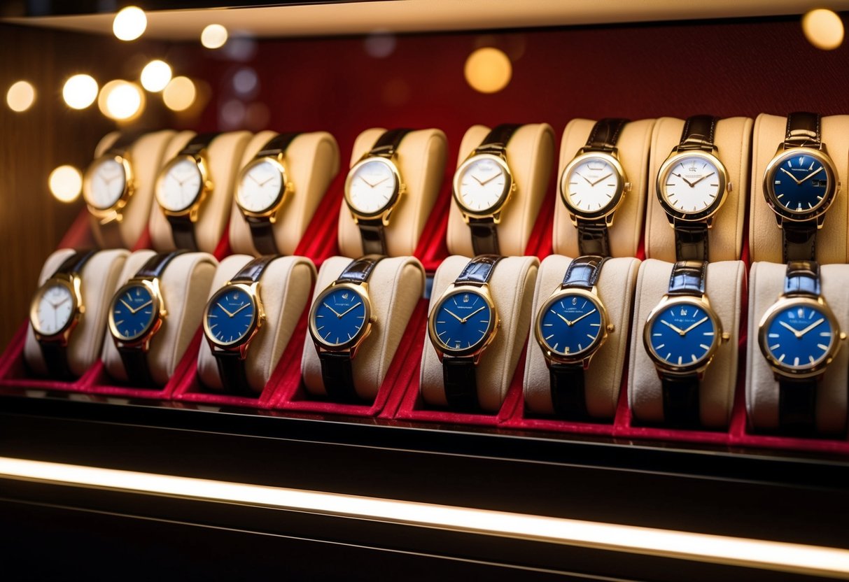 A display of Pierre Cardin watches on sale, arranged neatly on a velvet-lined shelf under soft, warm lighting