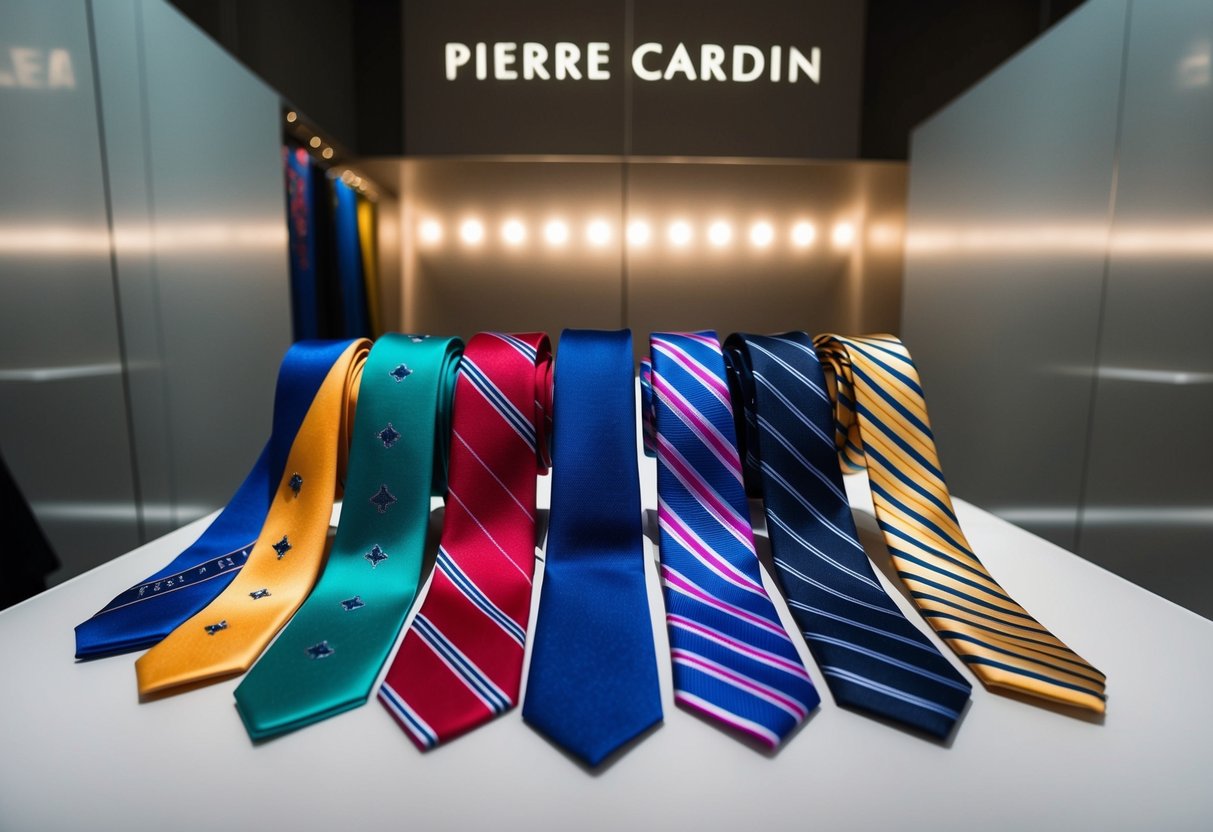 A display of colorful Pierre Cardin ties arranged on a sleek, modern backdrop with subtle lighting