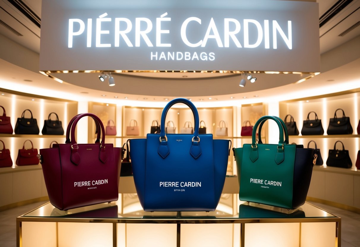 A display of Pierre Cardin handbags with promotional signs and elegant lighting