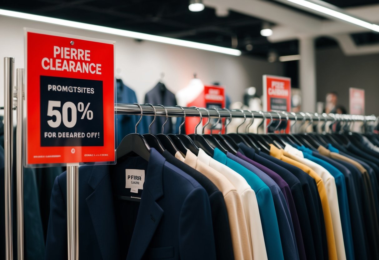 A rack of Pierre Cardin jackets on clearance, with promotional signs displayed nearby