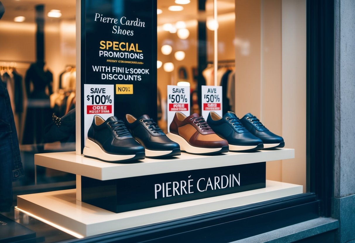 A display of Pierre Cardin shoes in a store window, featuring special promotions and discounts