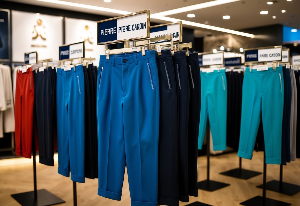A display of discounted Pierre Cardin trousers with promotional signage