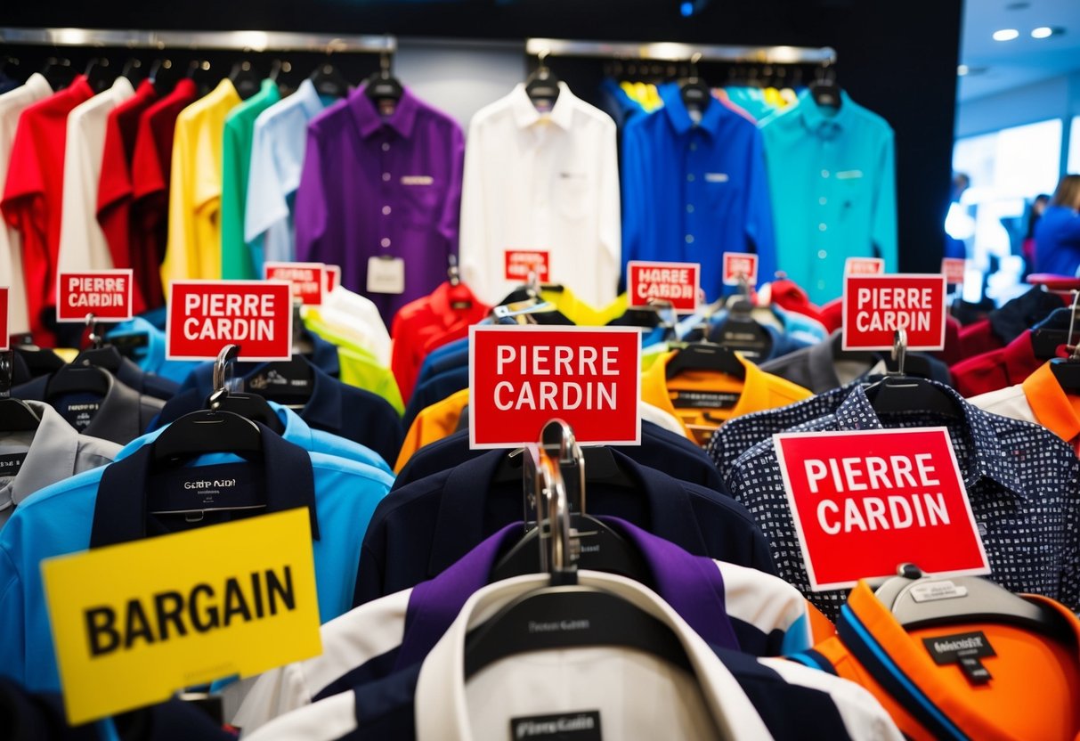 A colorful array of Pierre Cardin shirts on display with promotional signs and bargain tags