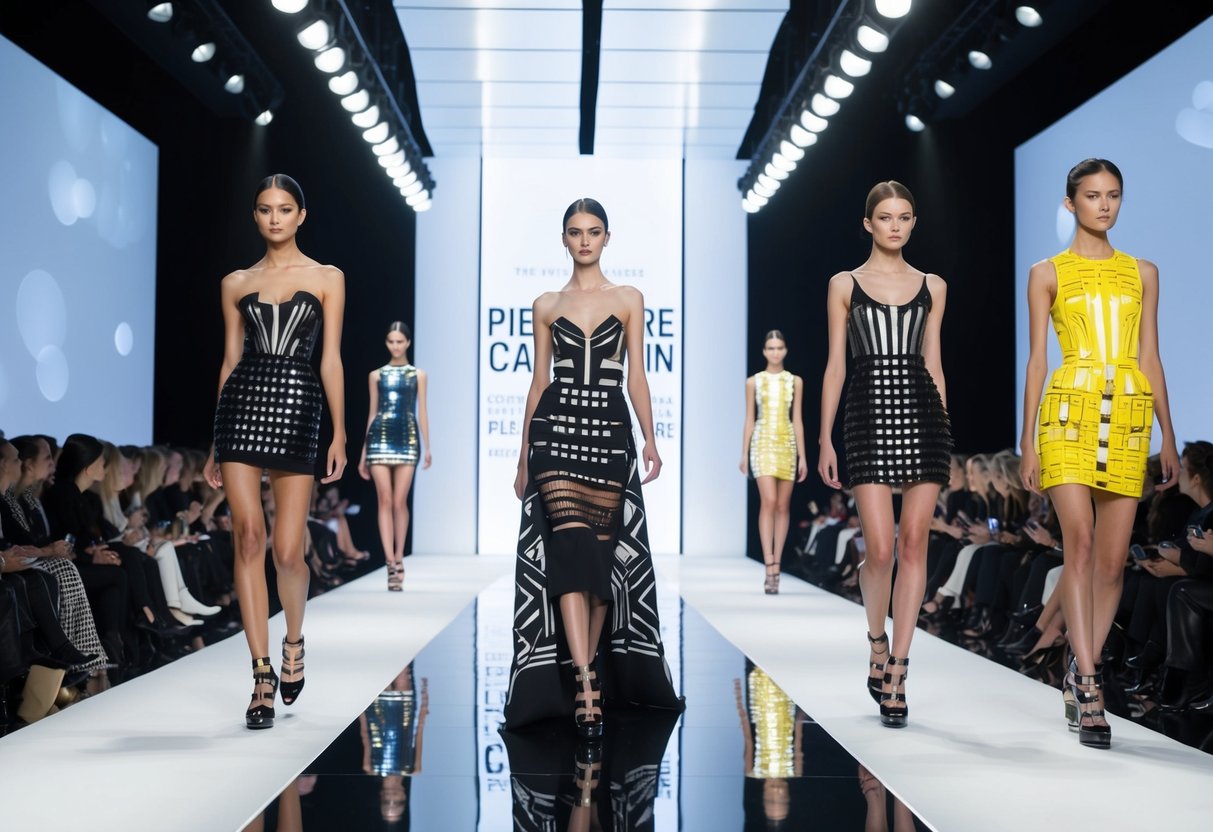 A futuristic fashion show with models wearing Pierre Cardin designs on a catwalk surrounded by flashing lights and a sleek, modern backdrop