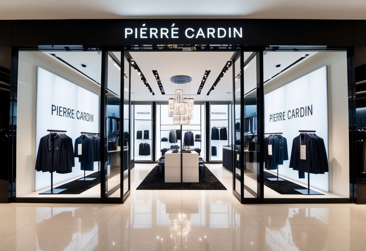 A sleek, modern storefront with bold Pierre Cardin branding and eye-catching promotional displays