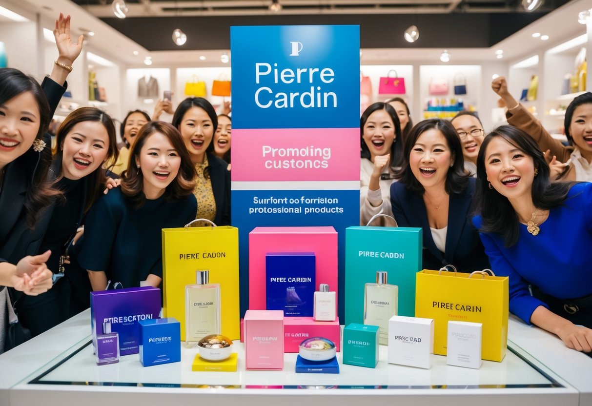 A colorful display of Pierre Cardin products with prominent promotional signage, surrounded by excited and engaged customers
