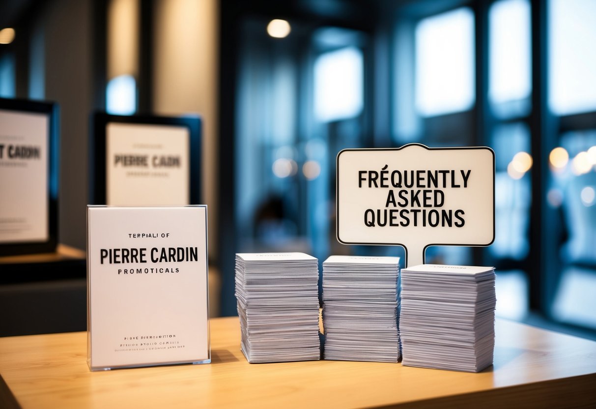 A display of Pierre Cardin promotional materials with a stack of FAQ cards and a prominent "Frequently Asked Questions" sign