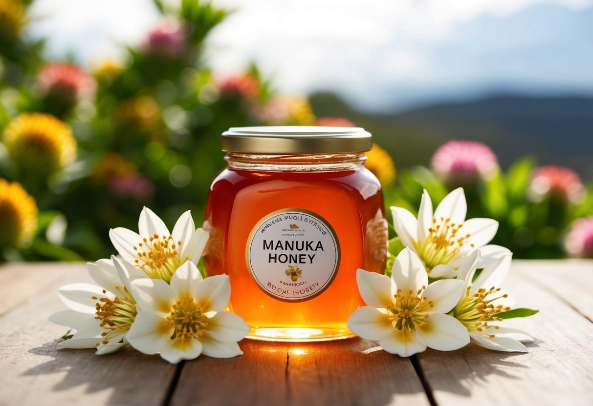 A jar of manuka honey surrounded by blooming manuka flowers