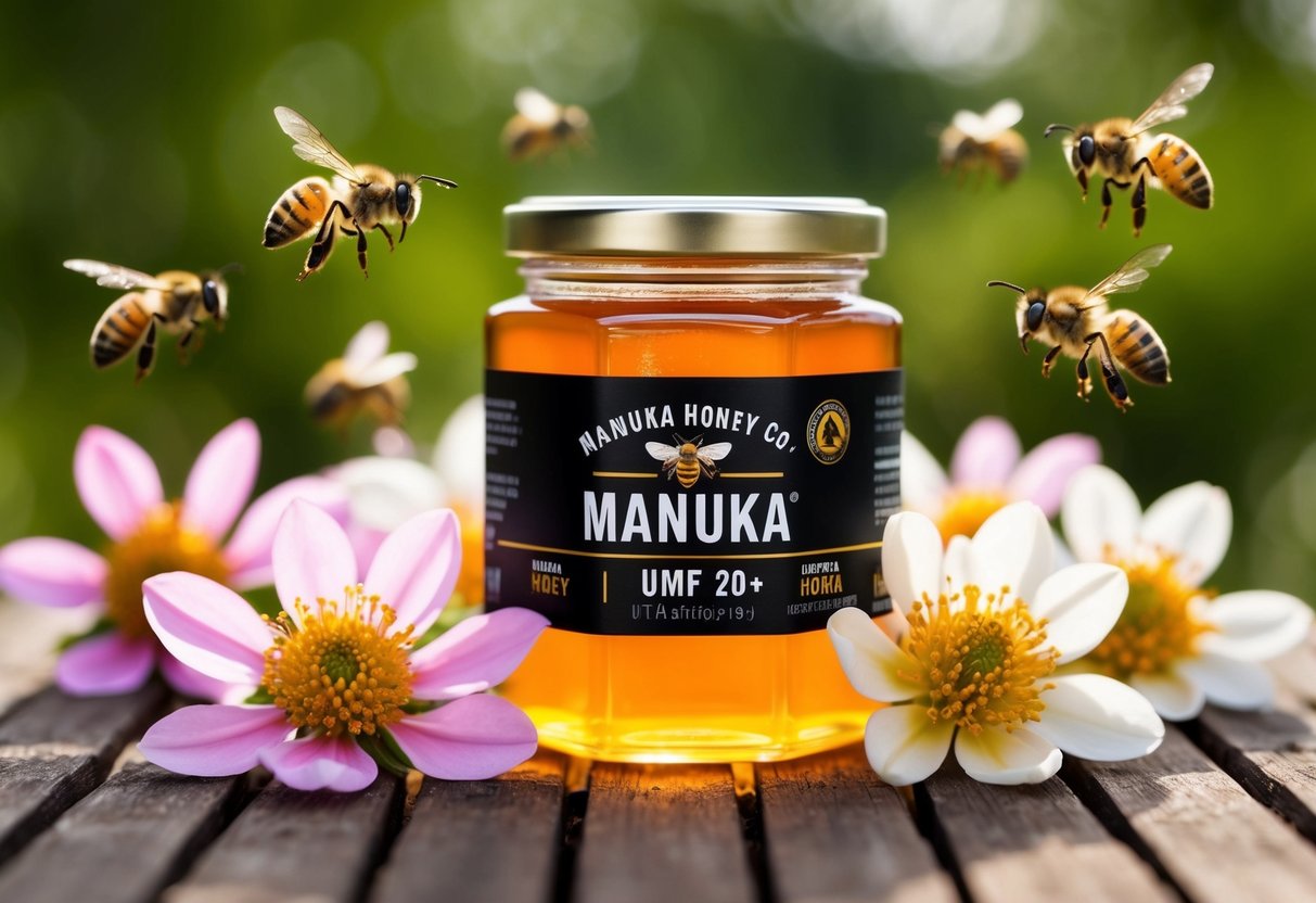 A jar of Manuka Honey Co. UMF 20+ manuka honey surrounded by blooming manuka flowers and buzzing bees