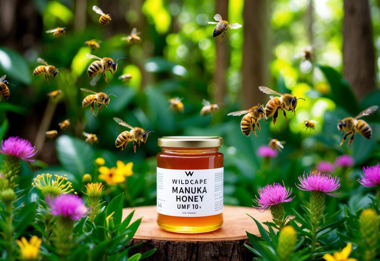 A lush, green forest with vibrant wildflowers and buzzing bees collecting nectar from the Manuka flowers. A jar of WildCape Manuka Honey UMF 10+ sits prominently in the center