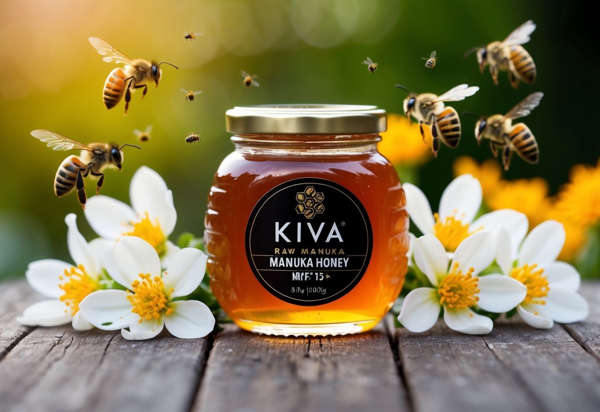 A jar of Kiva Raw Manuka Honey UMF 15+ surrounded by blooming manuka flowers and buzzing bees
