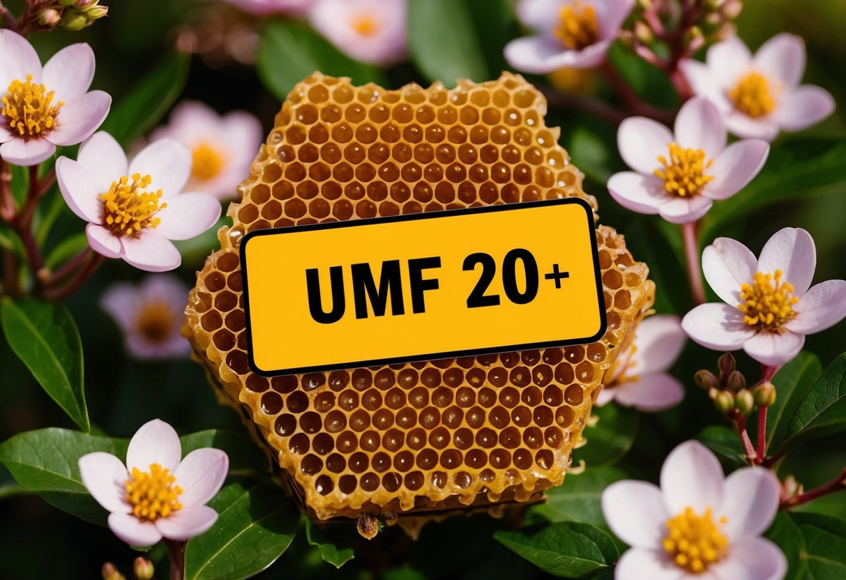 A lush, golden honeycomb surrounded by blooming manuka flowers, with a "UMF 20+" label prominently displayed