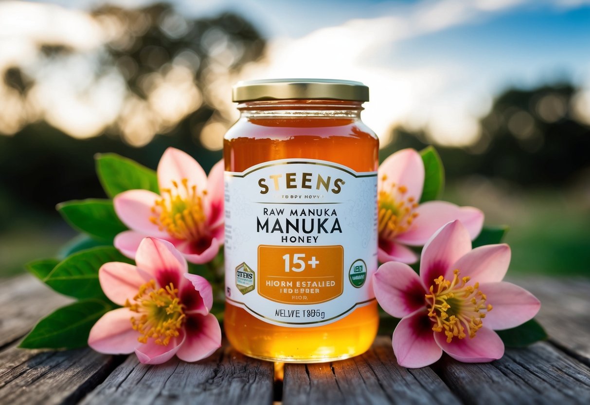 A jar of Steens Raw Manuka Honey 15+ surrounded by blooming manuka flowers