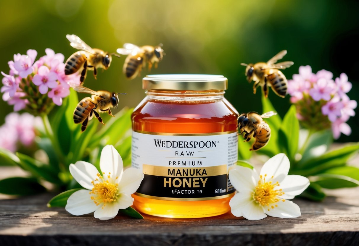 A jar of Wedderspoon Raw Premium Manuka Honey KFactor 16 surrounded by blooming manuka flowers and honeybees