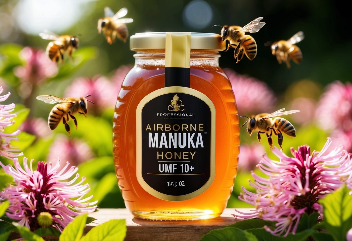 A jar of Airborne Manuka Honey UMF 10+ surrounded by buzzing bees and blooming manuka flowers