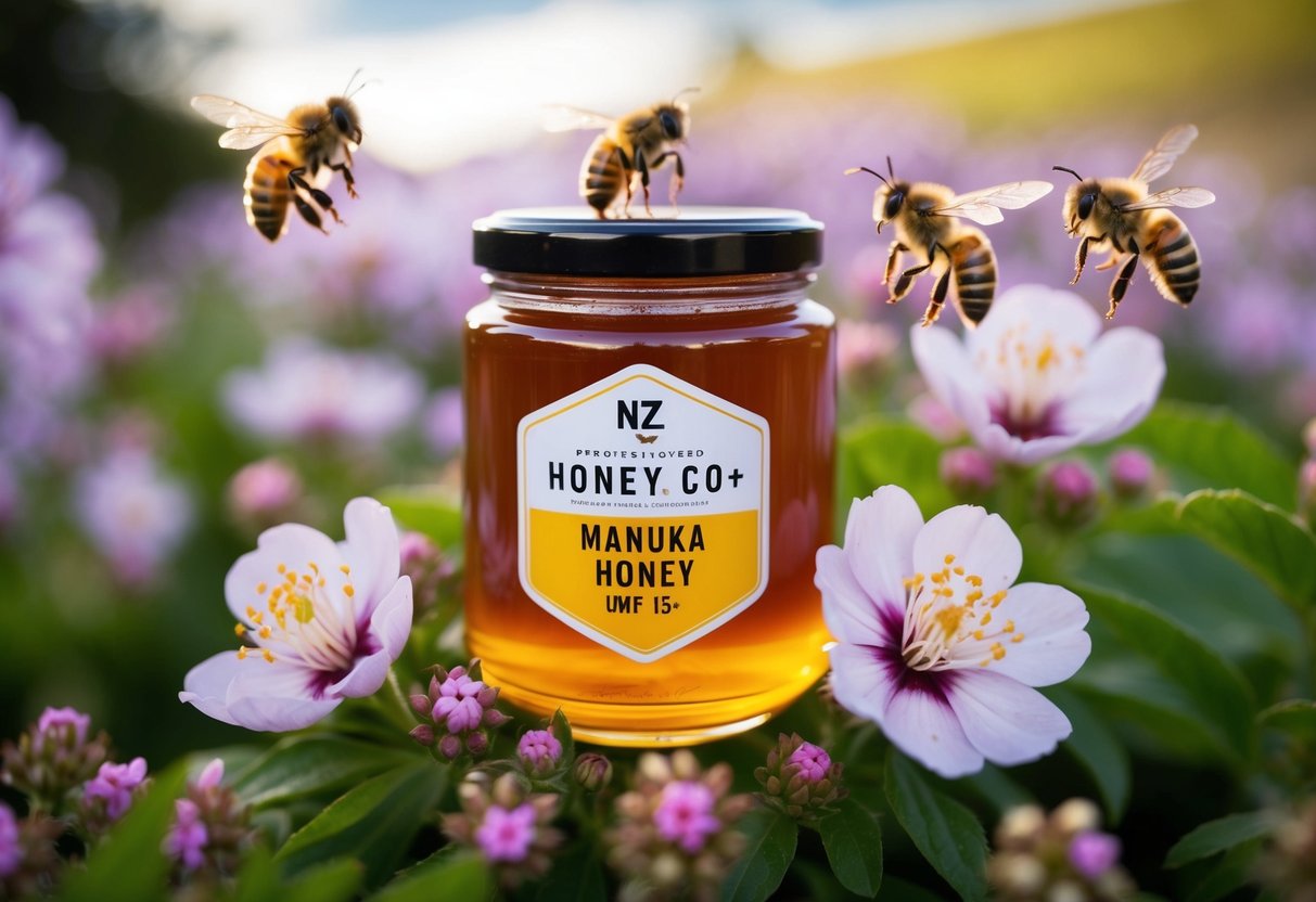 A jar of NZ Honey Co. Manuka Honey UMF 15+ surrounded by blooming manuka flowers and buzzing bees