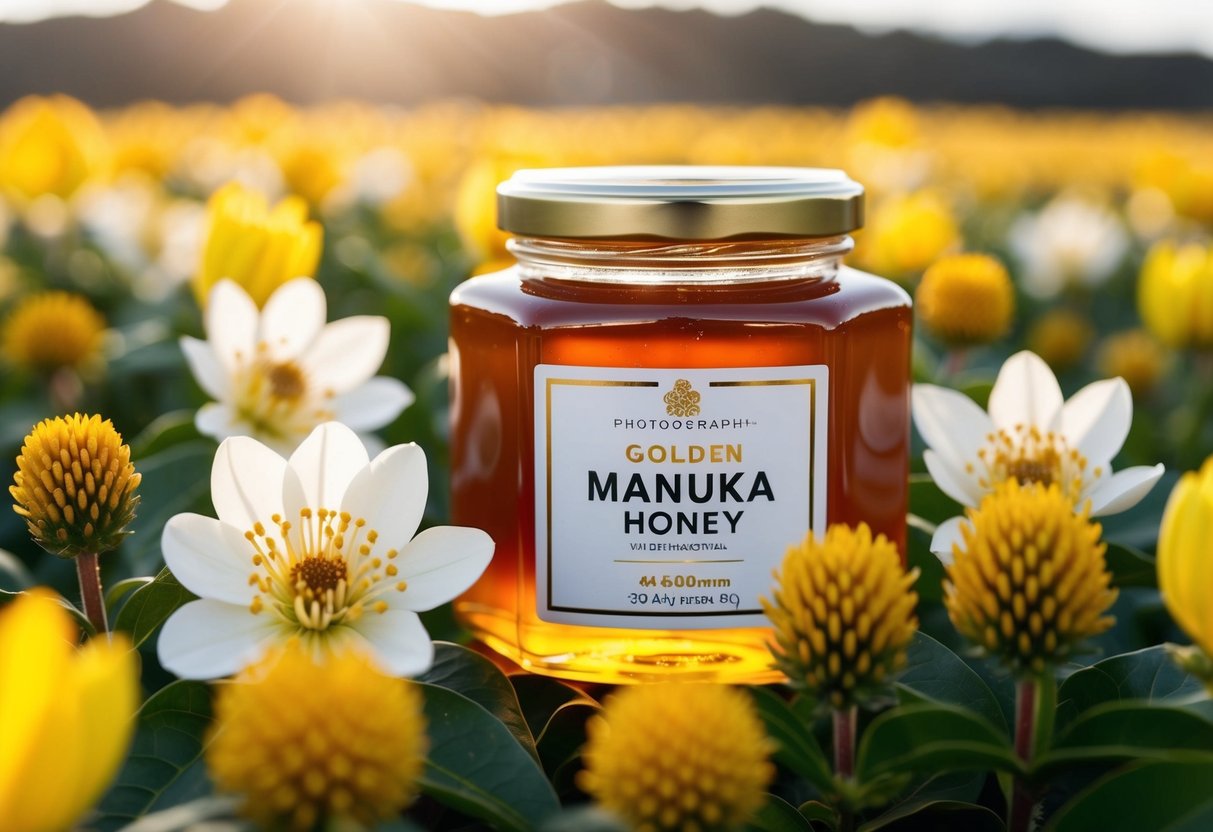 A jar of golden manuka honey surrounded by blooming manuka flowers