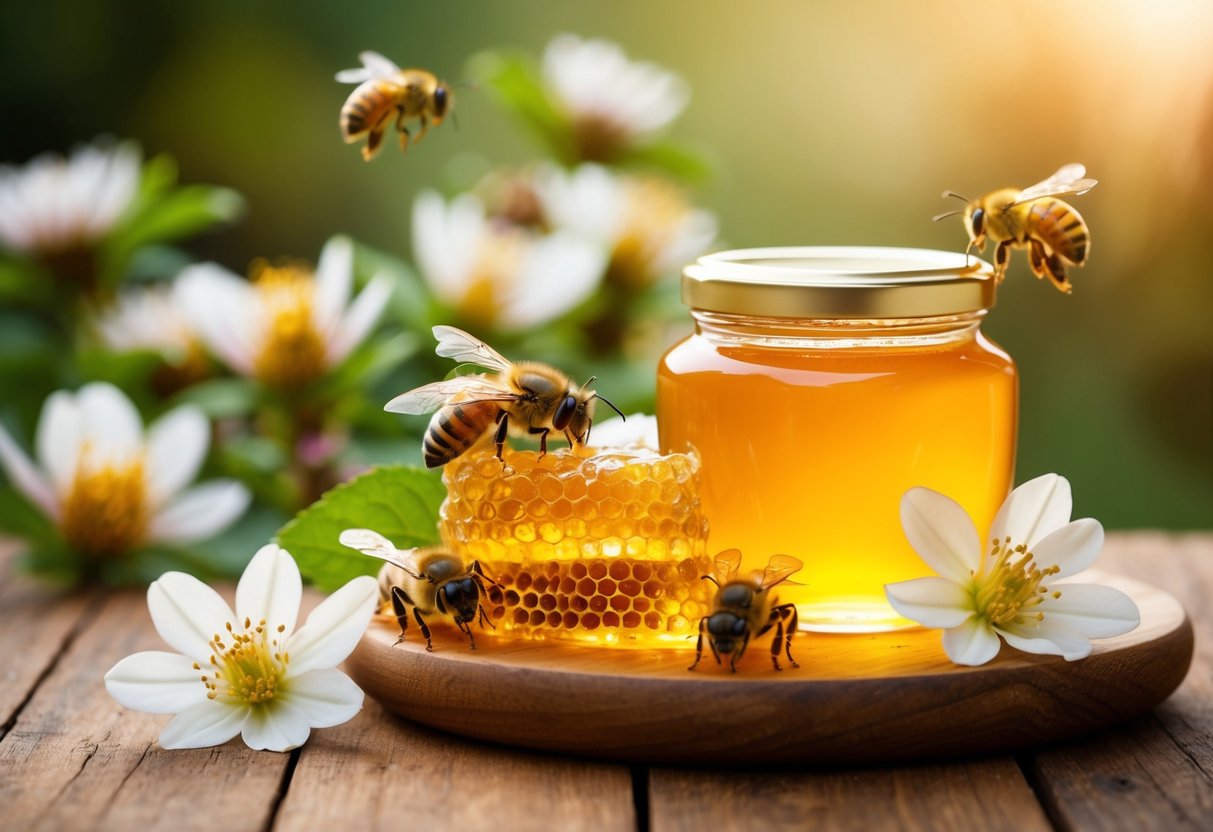 A jar of golden Manuka honey sits on a wooden table, surrounded by fresh honeycomb, bees, and blooming Manuka flowers