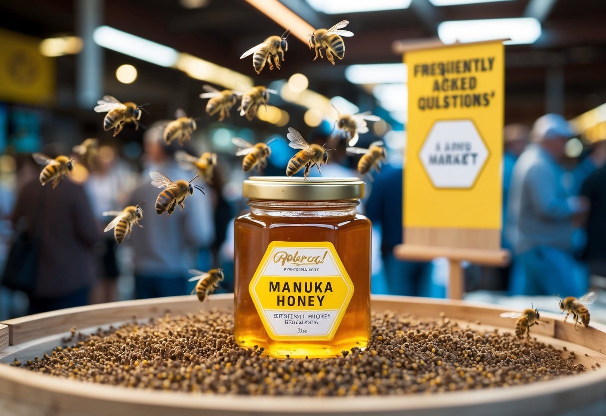 A jar of manuka honey surrounded by buzzing bees and a banner with "Frequently Asked Questions" displayed in a busy market
