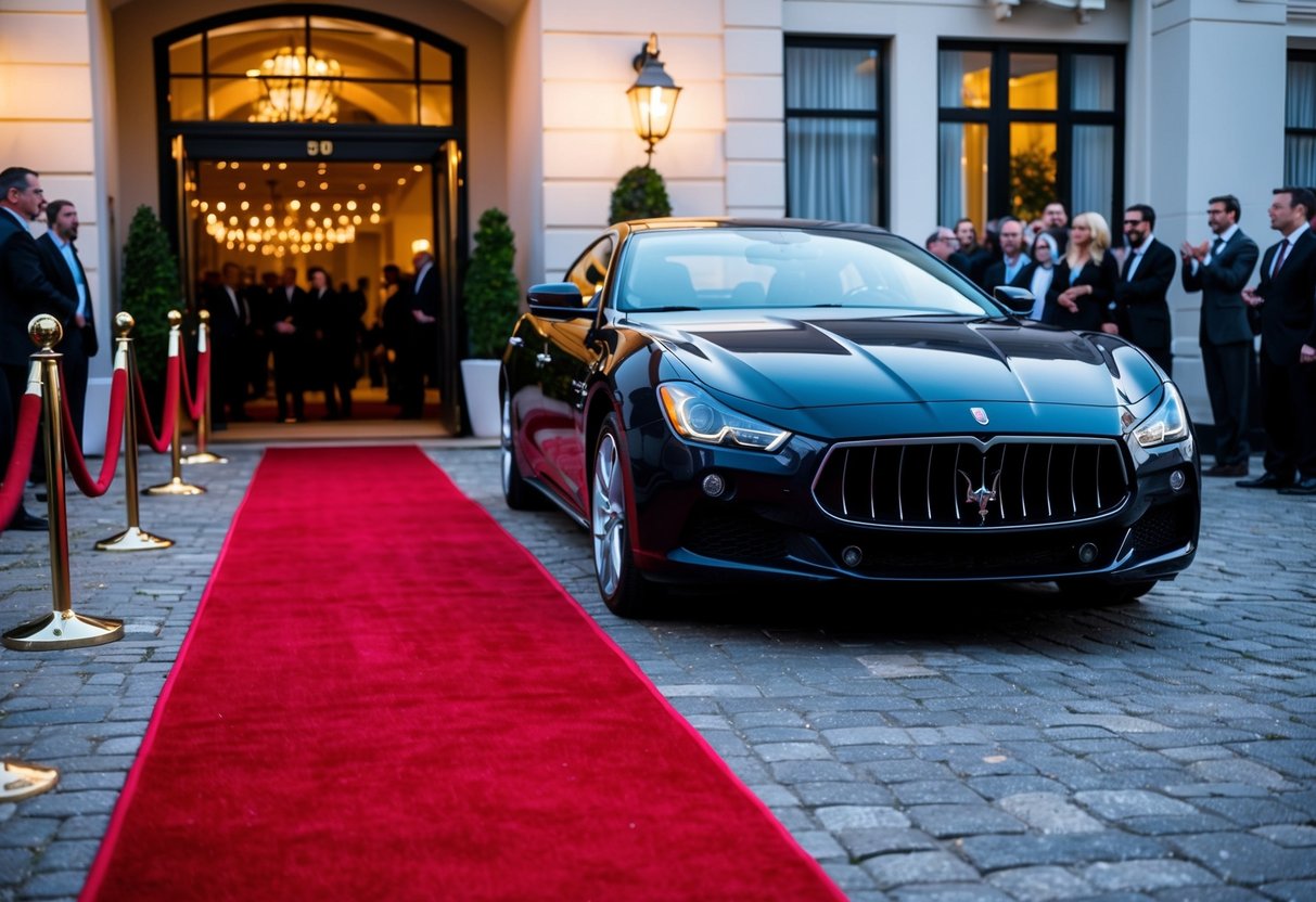 A Maserati parked in front of a luxurious hotel with a red carpet and velvet ropes leading to the entrance. Bright lights and a crowd of onlookers