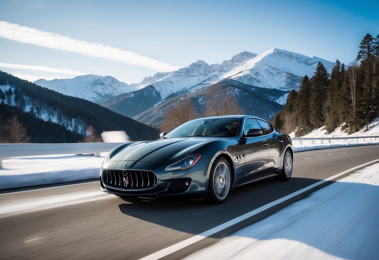 A Maserati speeding down a scenic winter road, surrounded by snowy mountains and a clear blue sky