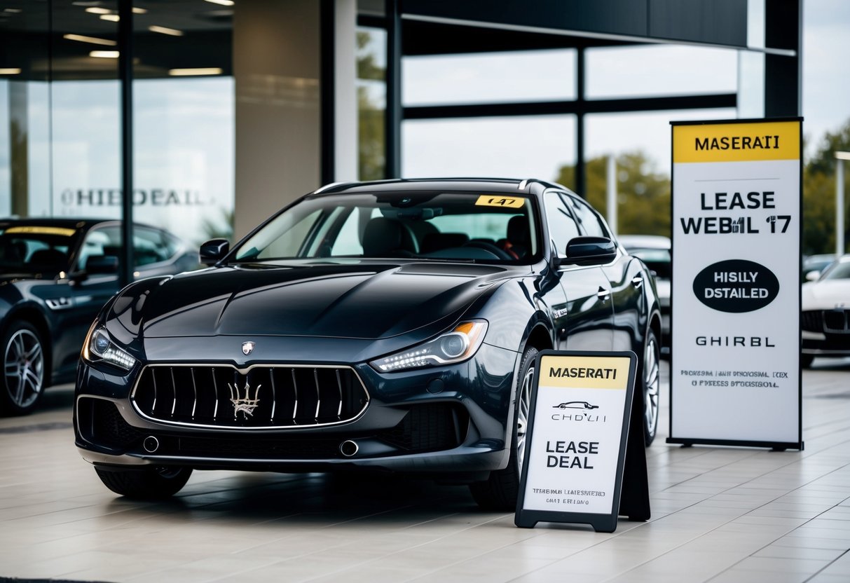 A Maserati car dealership with a Ghibli model showcased, promotional banners, and a lease deal sign displayed prominently