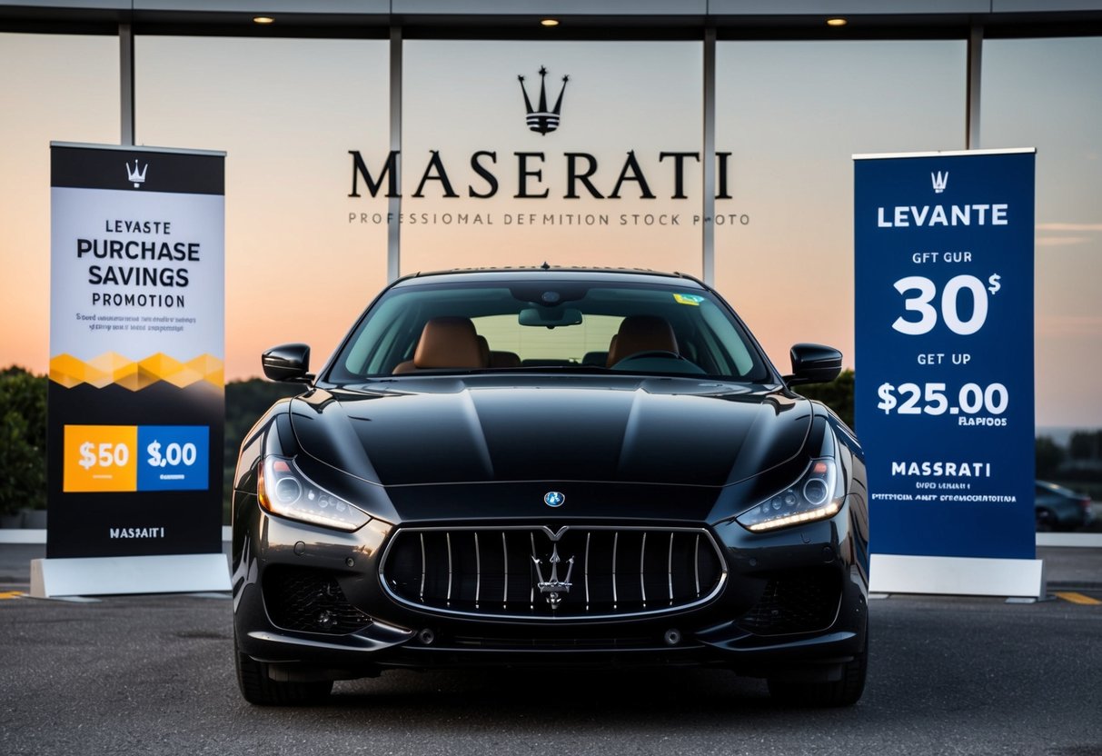 A sleek Maserati parked in front of a Levante Purchase Savings promotion display