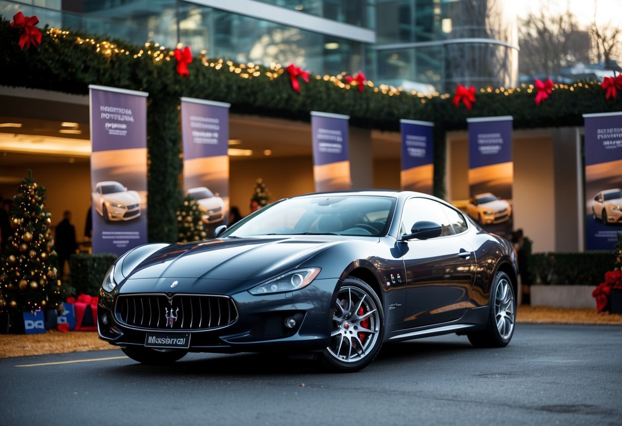 A Maserati GranTurismo parked under seasonal decorations with promotional banners