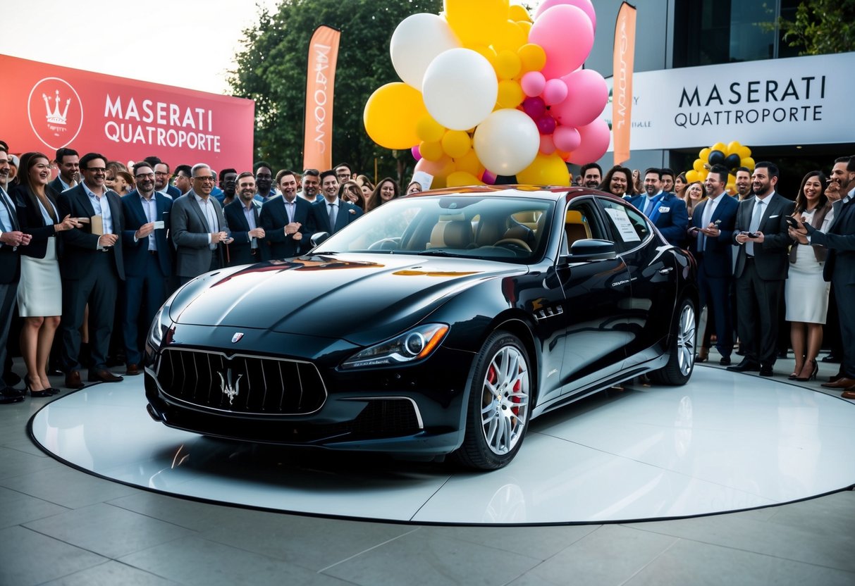 A sleek Maserati Quattroporte surrounded by promotional banners and balloons, with a crowd of excited potential customers gathered around