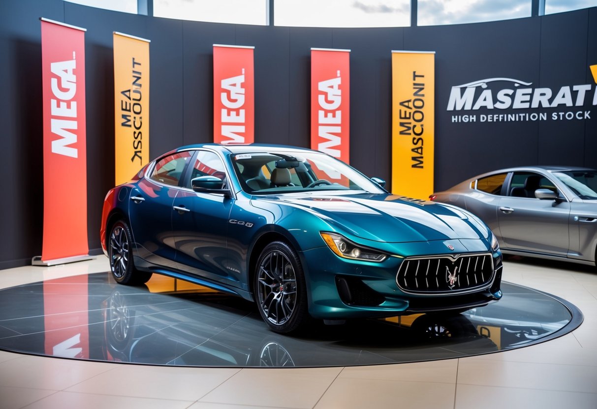 A sleek Maserati 2025 model displayed in a showroom with bold "Mega Discount" banners and promotional signage