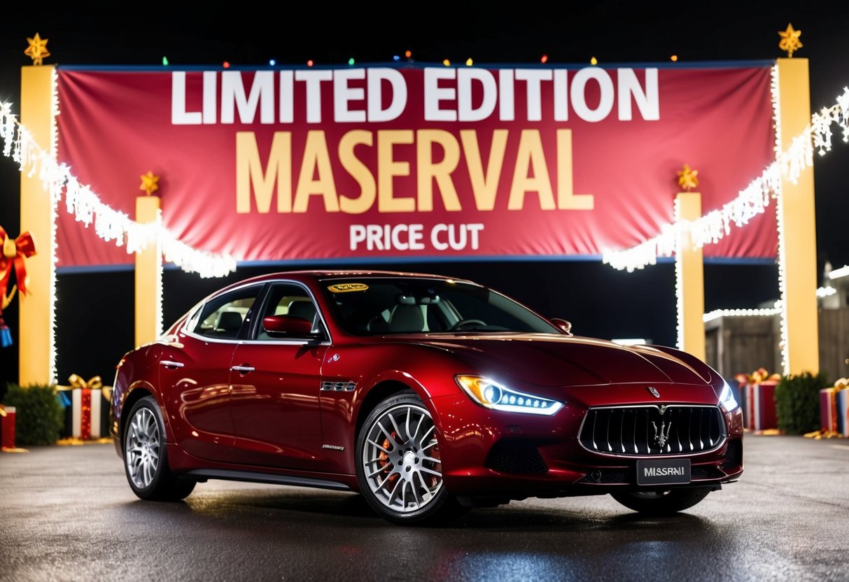 A sleek Maserati parked in front of a grand festival banner with a "Limited Edition Price Cut" announcement. Bright lights and festive decorations surround the car