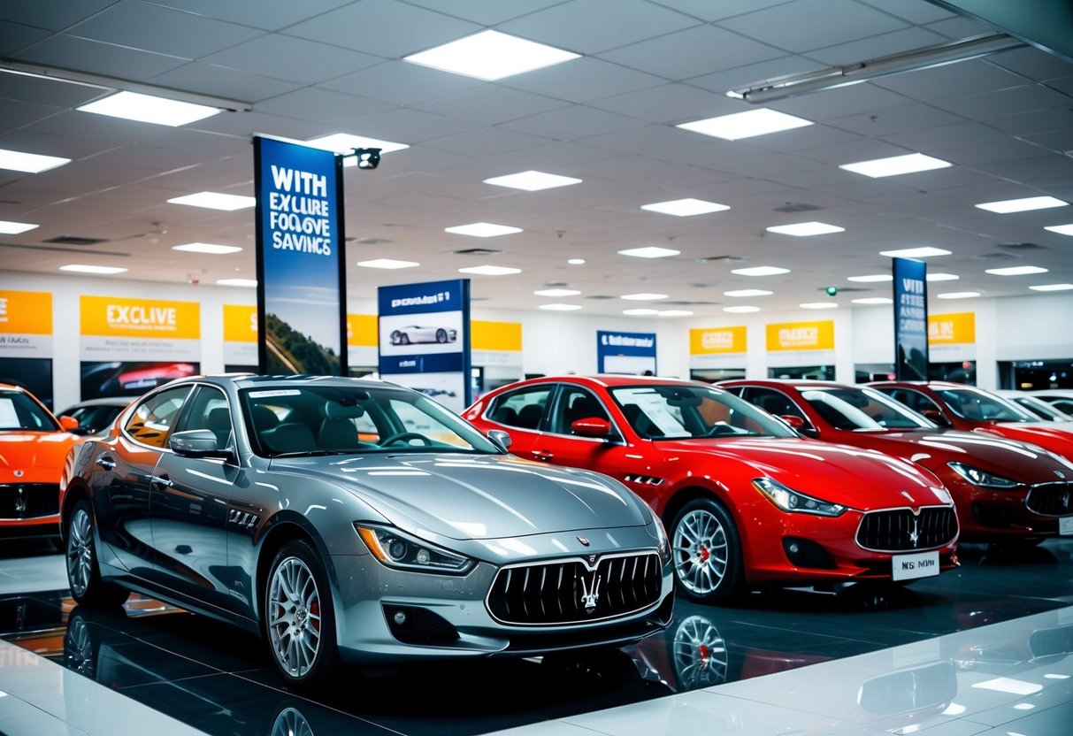 Luxury Maserati cars displayed under bright showroom lights with promotional banners and exclusive savings signs