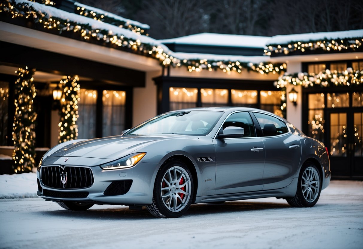 A sleek Maserati parked in a snowy, upscale setting with festive decorations and twinkling lights