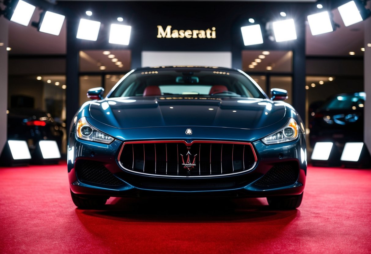 A sleek Maserati parked in front of a luxury showroom, surrounded by bright spotlights and a red carpet