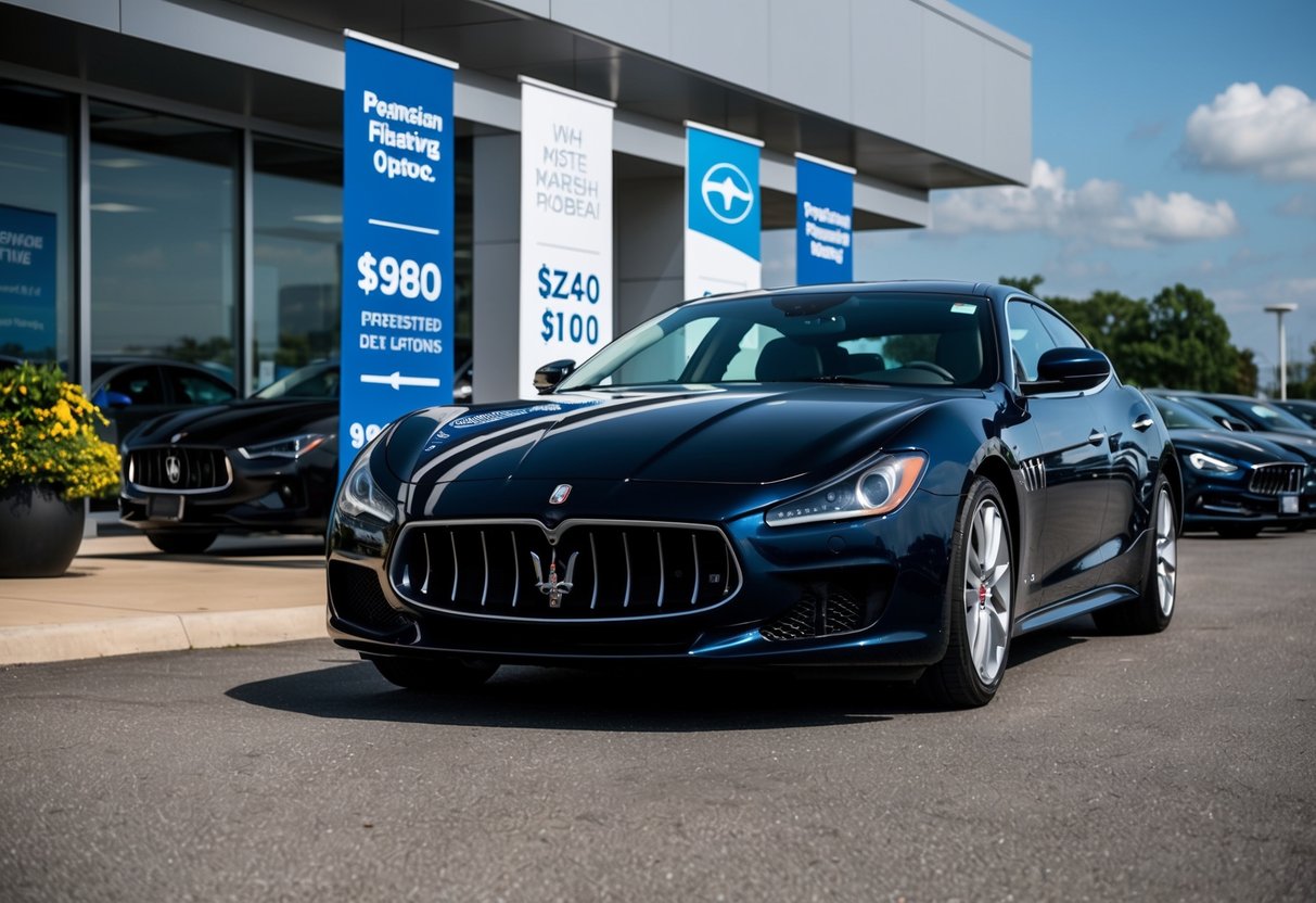 A sleek Maserati parked in front of a dealership with promotional banners and financing options displayed prominently